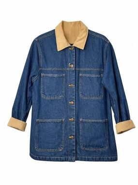 Vintage 90s Bill Blass Denim Barn Jacket Chore Coat Corduroy Collar USA Large